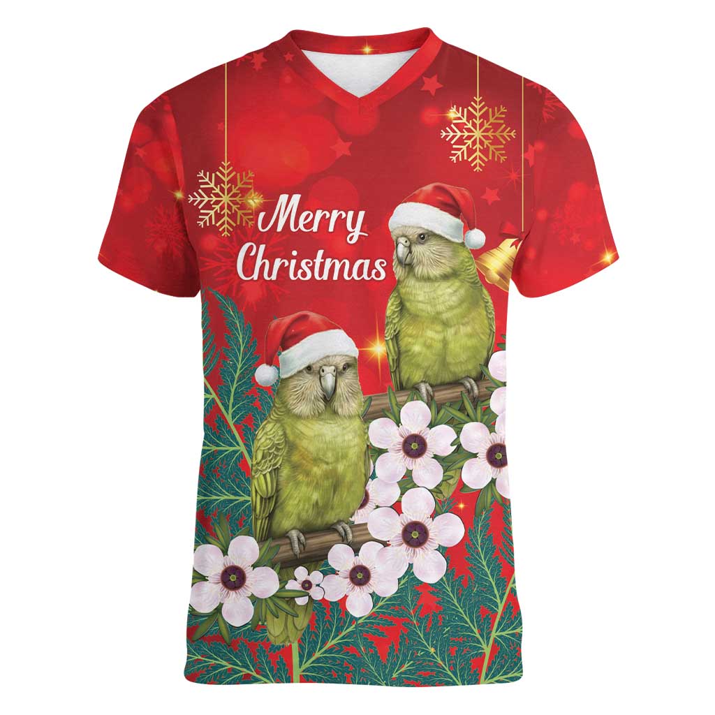 New Zealand Kakapo Christmas Women V-Neck T-Shirt Owl Parrot Santa Sliver Fern Manuka - Red - Aussie Hoodie
