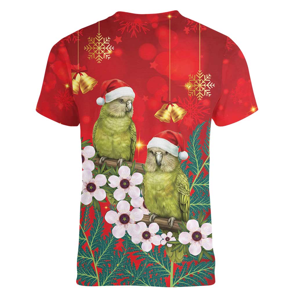 New Zealand Kakapo Christmas Women V-Neck T-Shirt Owl Parrot Santa Sliver Fern Manuka - Red - Aussie Hoodie