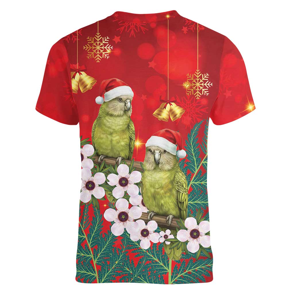 New Zealand Kakapo Christmas Women V-Neck T-Shirt Owl Parrot Santa Sliver Fern Manuka - Red - Aussie Hoodie