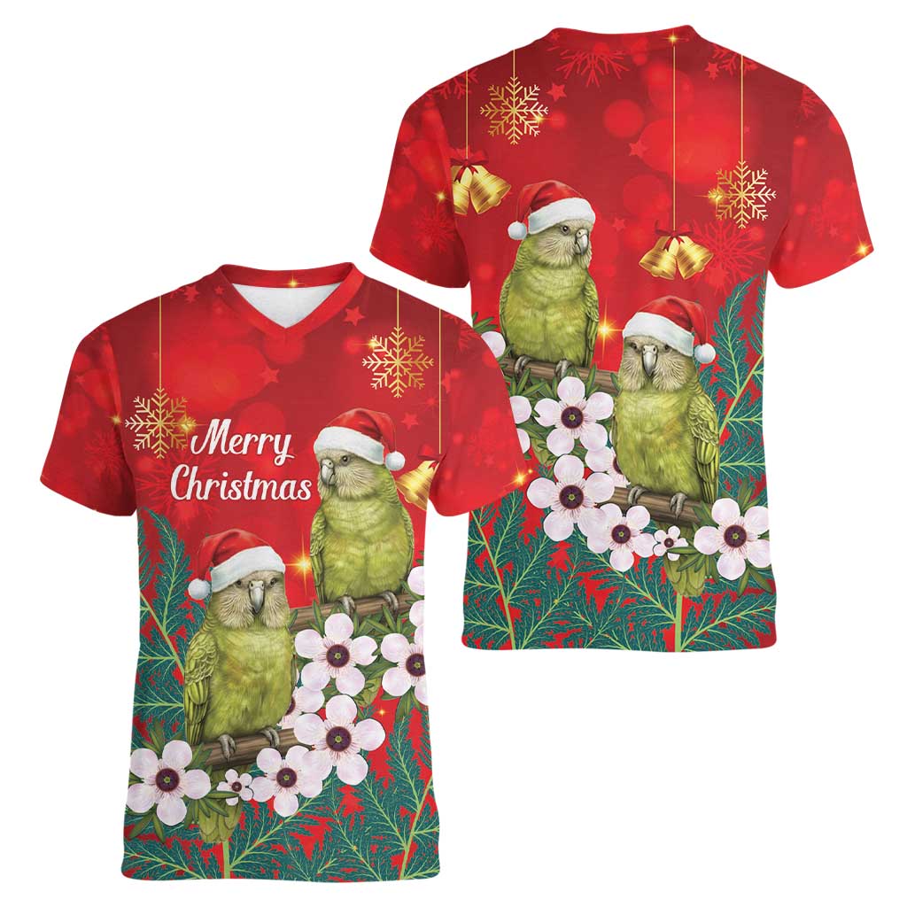 New Zealand Kakapo Christmas Women V-Neck T-Shirt Owl Parrot Santa Sliver Fern Manuka - Red - Aussie Hoodie