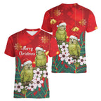New Zealand Kakapo Christmas Women V-Neck T-Shirt Owl Parrot Santa Sliver Fern Manuka - Red - Aussie Hoodie