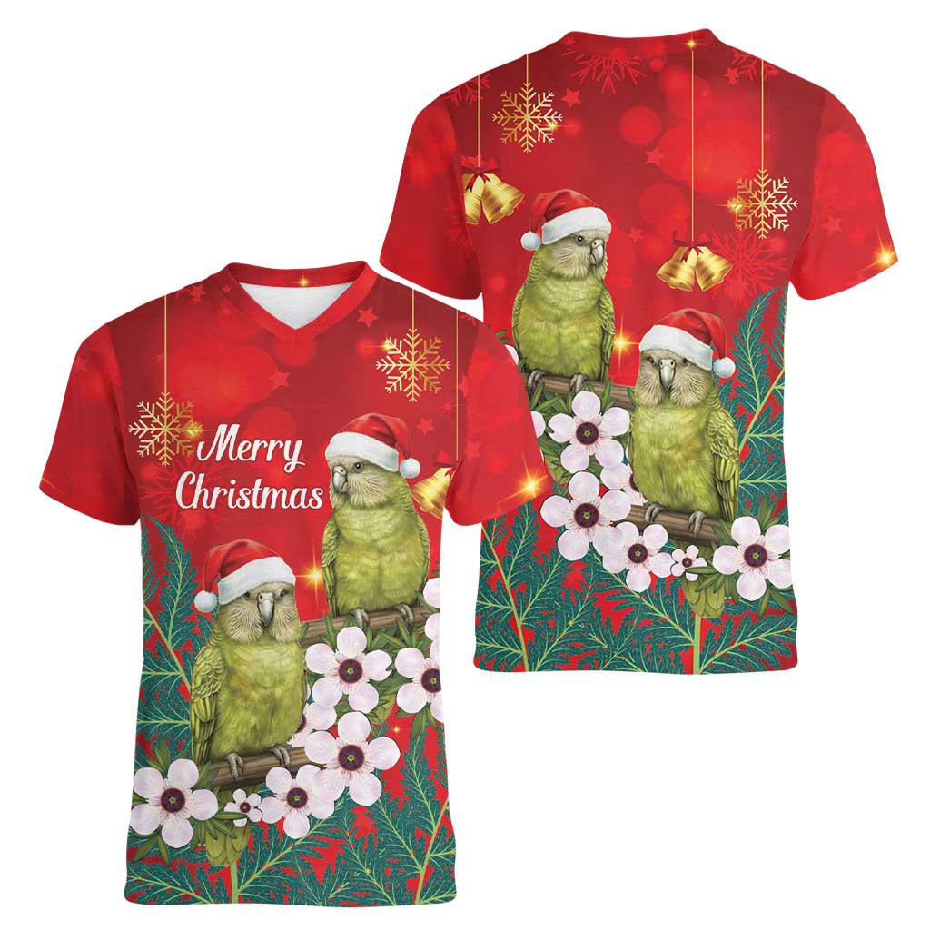 New Zealand Kakapo Christmas Women V-Neck T-Shirt Owl Parrot Santa Sliver Fern Manuka - Red - Aussie Hoodie