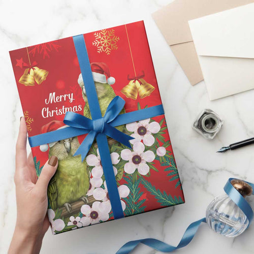 New Zealand Kakapo Christmas Wrapping Paper Owl Parrot Santa Sliver Fern Manuka - Red - Aussie Hoodie