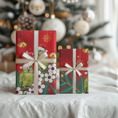 New Zealand Kakapo Christmas Wrapping Paper Owl Parrot Santa Sliver Fern Manuka - Red - Aussie Hoodie