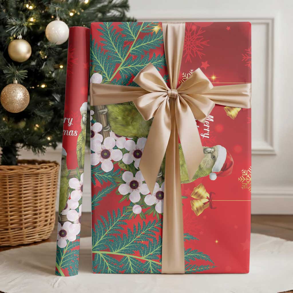 New Zealand Kakapo Christmas Wrapping Paper Owl Parrot Santa Sliver Fern Manuka - Red - Aussie Hoodie