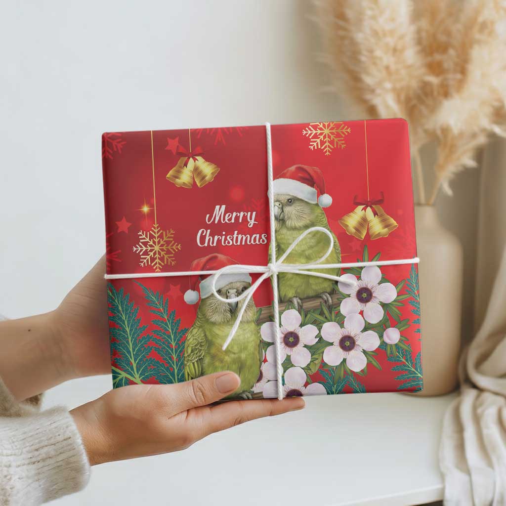 New Zealand Kakapo Christmas Wrapping Paper Owl Parrot Santa Sliver Fern Manuka - Red - Aussie Hoodie
