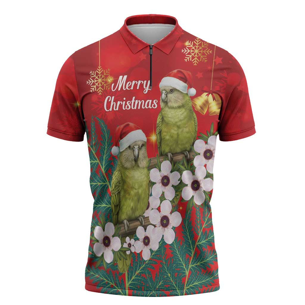 New Zealand Kakapo Christmas Zipper Polo Shirt Owl Parrot Santa Sliver Fern Manuka - Red - Aussie Hoodie