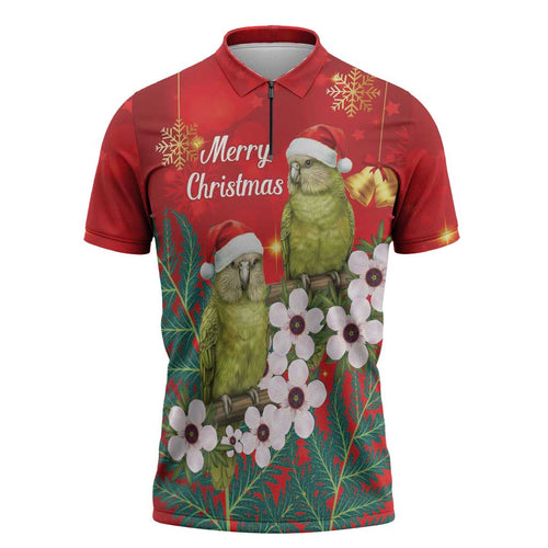 New Zealand Kakapo Christmas Zipper Polo Shirt Owl Parrot Santa Sliver Fern Manuka - Red - Aussie Hoodie
