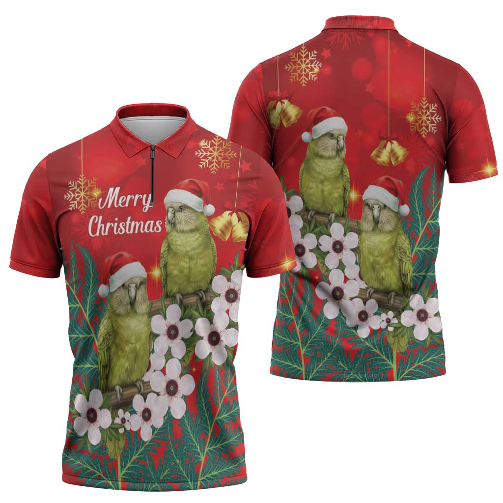 New Zealand Kakapo Christmas Zipper Polo Shirt Owl Parrot Santa Sliver Fern Manuka - Red - Aussie Hoodie