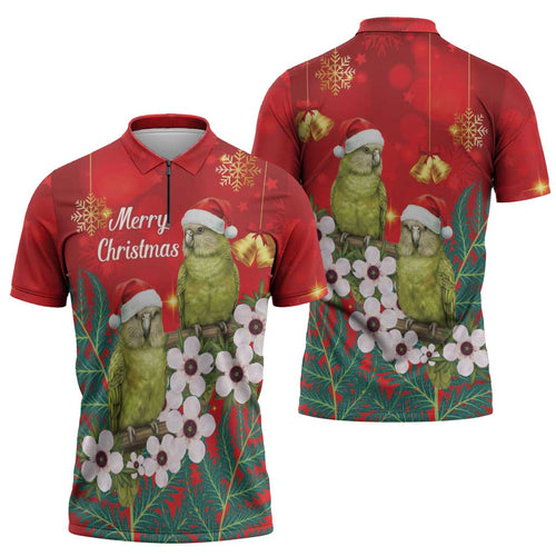 New Zealand Kakapo Christmas Zipper Polo Shirt Owl Parrot Santa Sliver Fern Manuka - Red - Aussie Hoodie