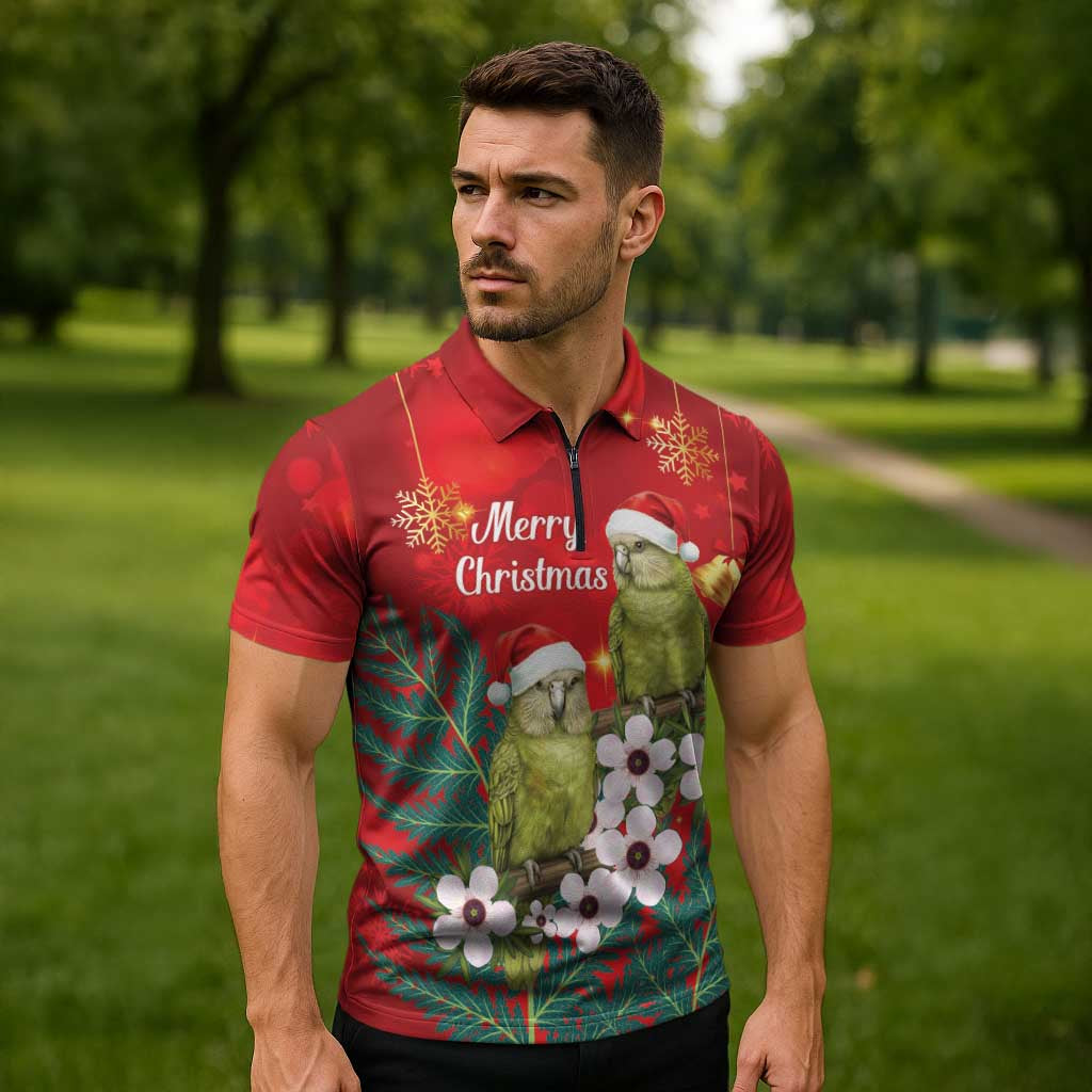 New Zealand Kakapo Christmas Zipper Polo Shirt Owl Parrot Santa Sliver Fern Manuka - Red - Aussie Hoodie