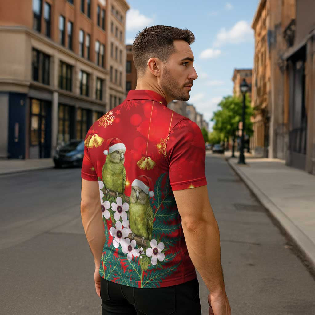 New Zealand Kakapo Christmas Zipper Polo Shirt Owl Parrot Santa Sliver Fern Manuka - Red - Aussie Hoodie