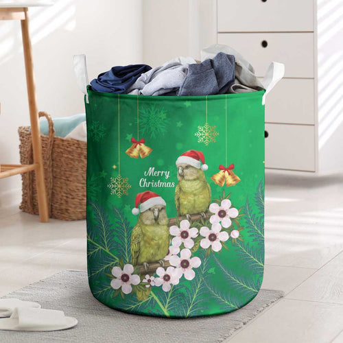 New Zealand Kakapo Christmas Laundry Basket Owl Parrot Santa Sliver Fern Manuka - Green - Aussie Hoodie