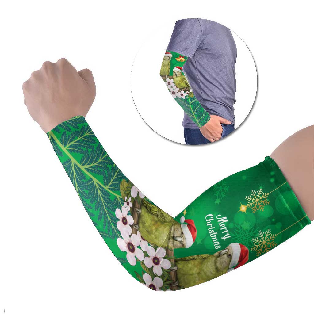 New Zealand Kakapo Christmas Arm Sleeves Owl Parrot Santa Sliver Fern Manuka - Green - Aussie Hoodie