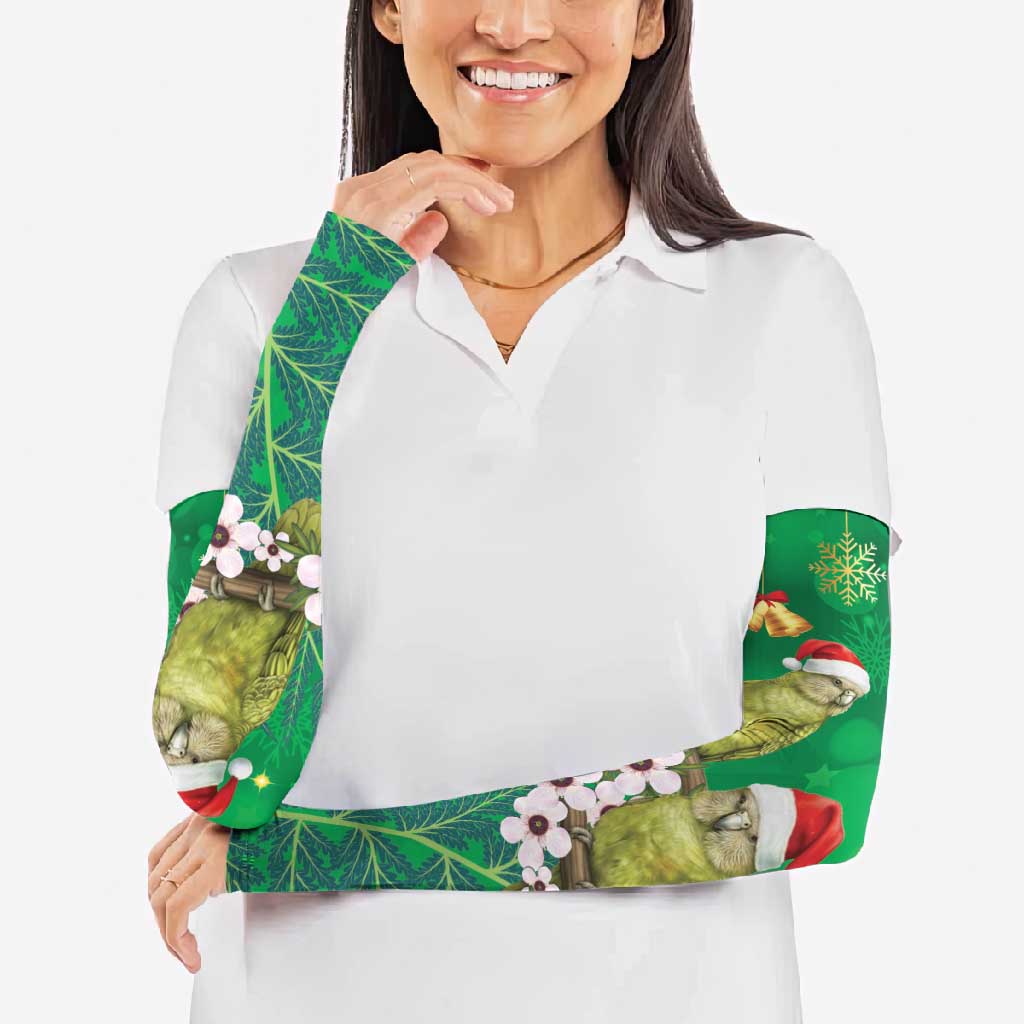 New Zealand Kakapo Christmas Arm Sleeves Owl Parrot Santa Sliver Fern Manuka - Green - Aussie Hoodie