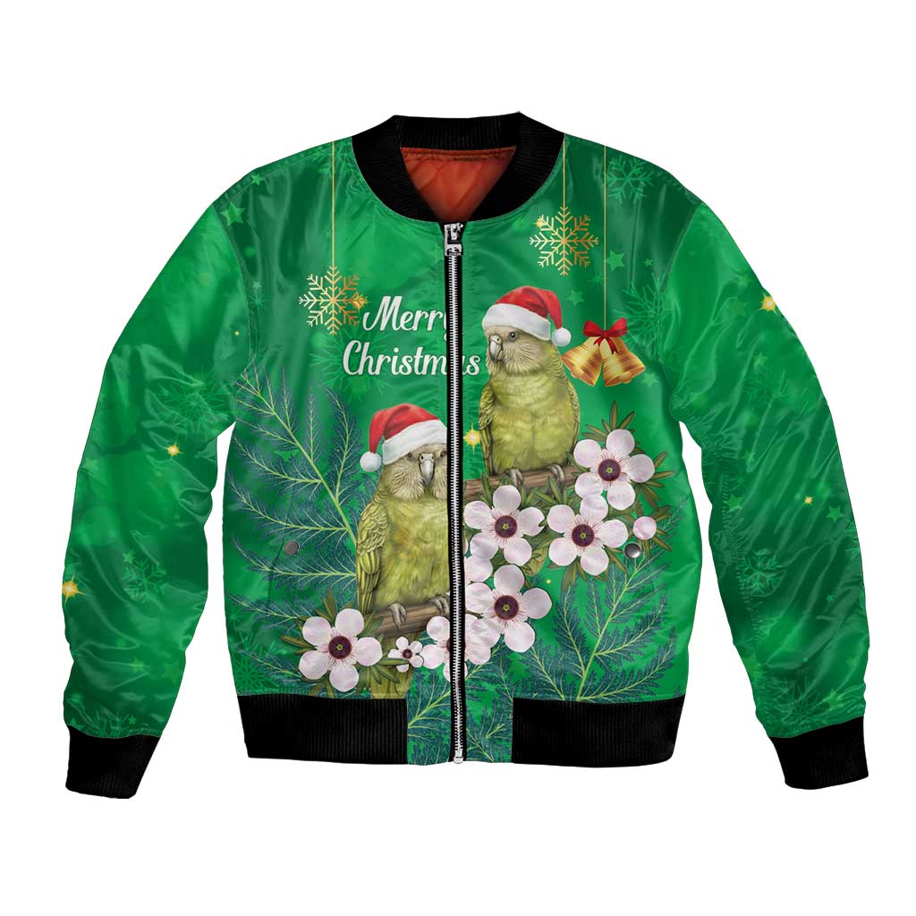 New Zealand Kakapo Christmas Bomber Jacket Owl Parrot Santa Sliver Fern Manuka - Green - Aussie Hoodie