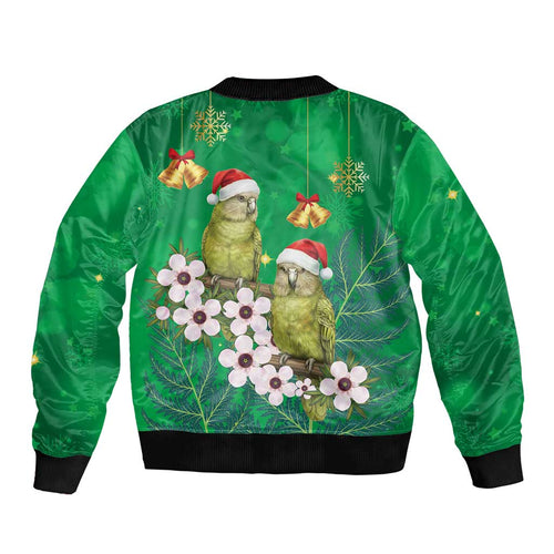 New Zealand Kakapo Christmas Bomber Jacket Owl Parrot Santa Sliver Fern Manuka - Green - Aussie Hoodie