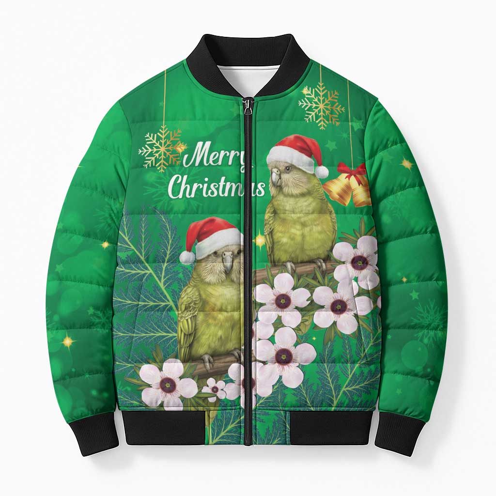 New Zealand Kakapo Christmas Bomber Puffer Jacket Owl Parrot Santa Sliver Fern Manuka - Green - Aussie Hoodie