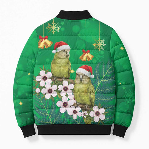 New Zealand Kakapo Christmas Bomber Puffer Jacket Owl Parrot Santa Sliver Fern Manuka - Green - Aussie Hoodie