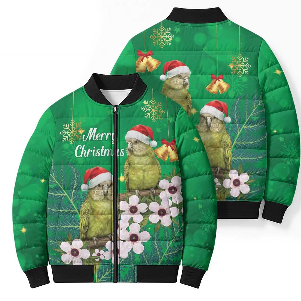 New Zealand Kakapo Christmas Bomber Puffer Jacket Owl Parrot Santa Sliver Fern Manuka - Green - Aussie Hoodie