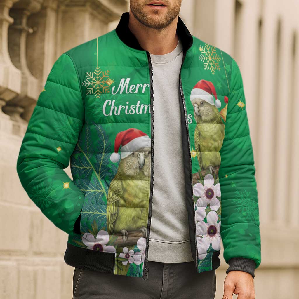 New Zealand Kakapo Christmas Bomber Puffer Jacket Owl Parrot Santa Sliver Fern Manuka - Green - Aussie Hoodie