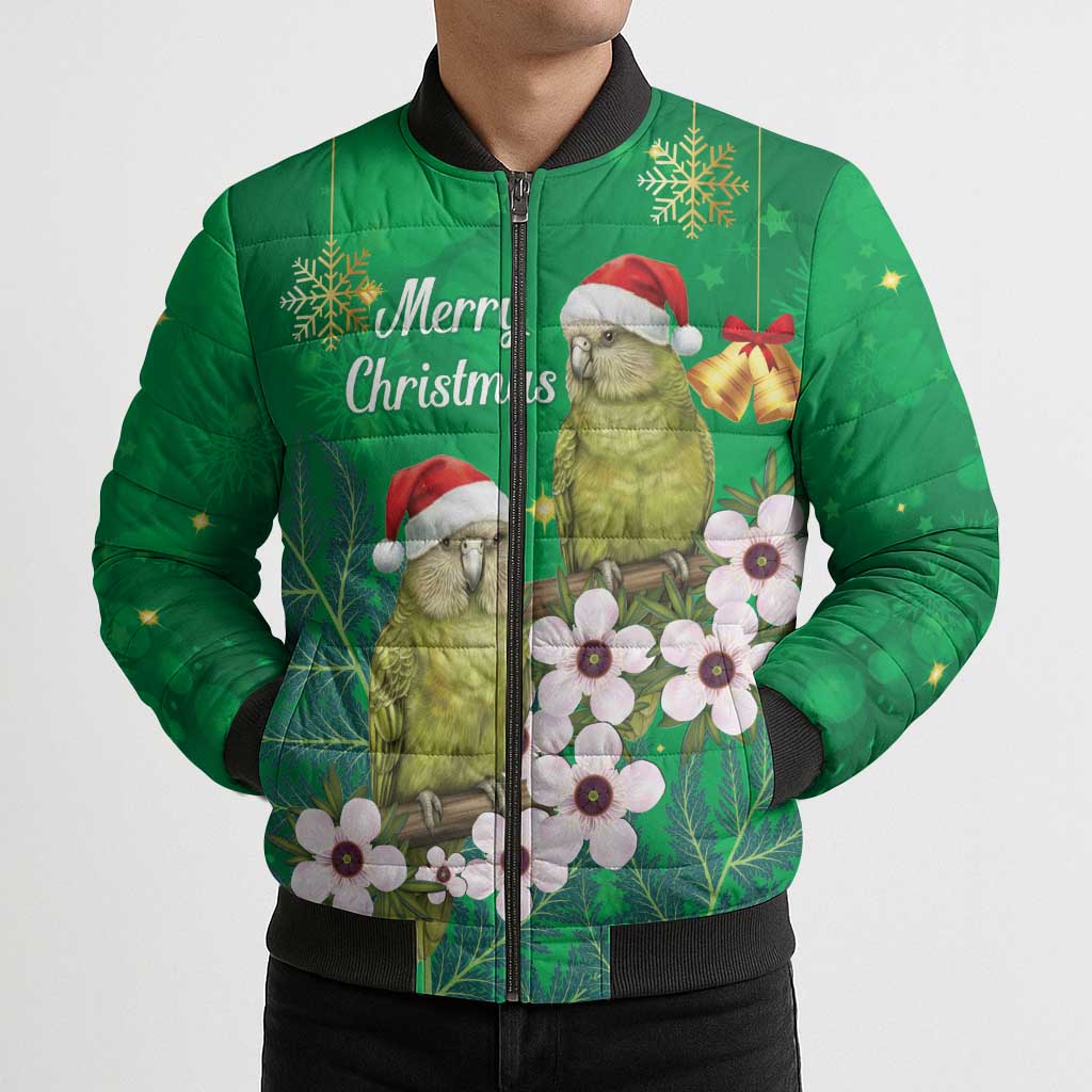 New Zealand Kakapo Christmas Bomber Puffer Jacket Owl Parrot Santa Sliver Fern Manuka - Green - Aussie Hoodie