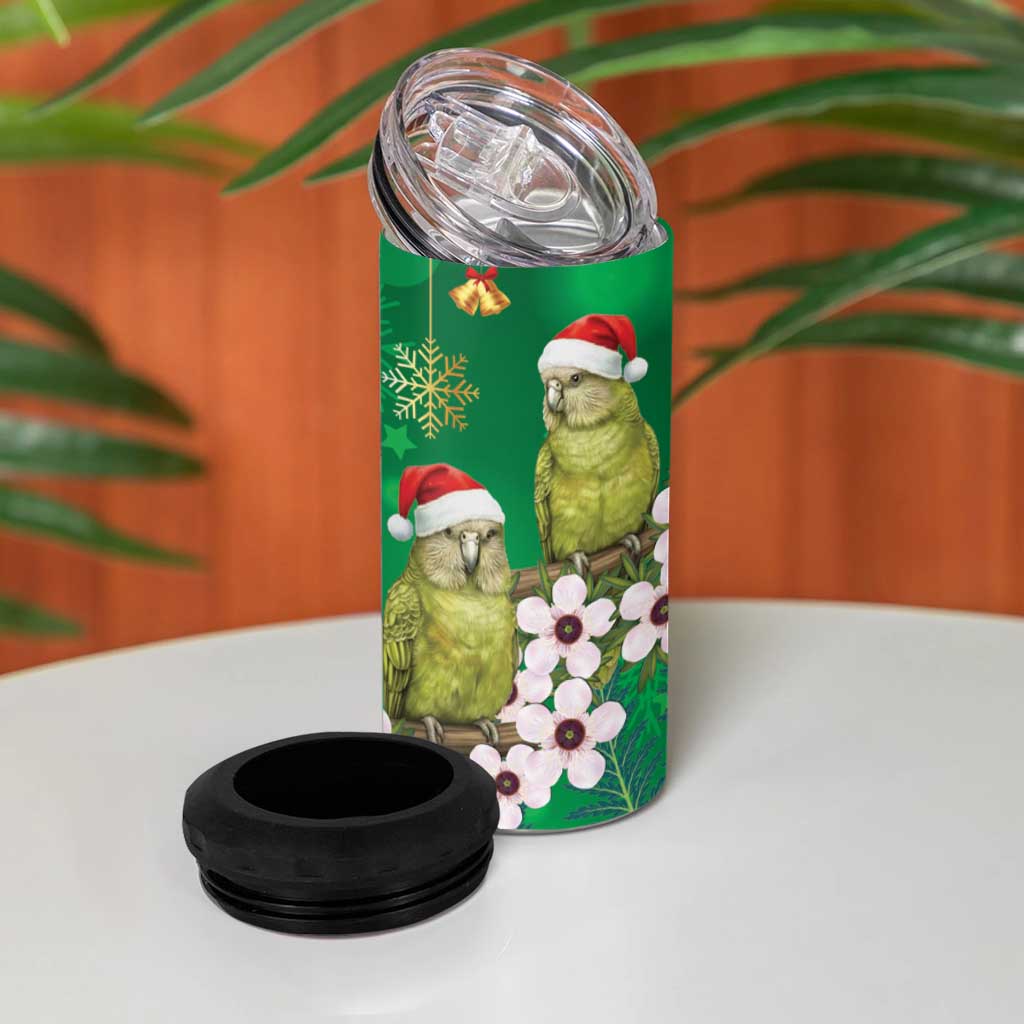 New Zealand Kakapo Christmas 4 in 1 Can Cooler Tumbler Owl Parrot Santa Sliver Fern Manuka - Green - Aussie Hoodie