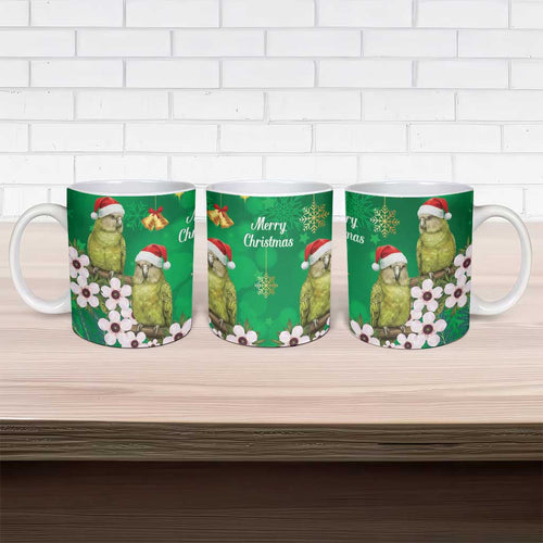 New Zealand Kakapo Christmas Ceramic Mug Owl Parrot Santa Sliver Fern Manuka - Green - Aussie Hoodie