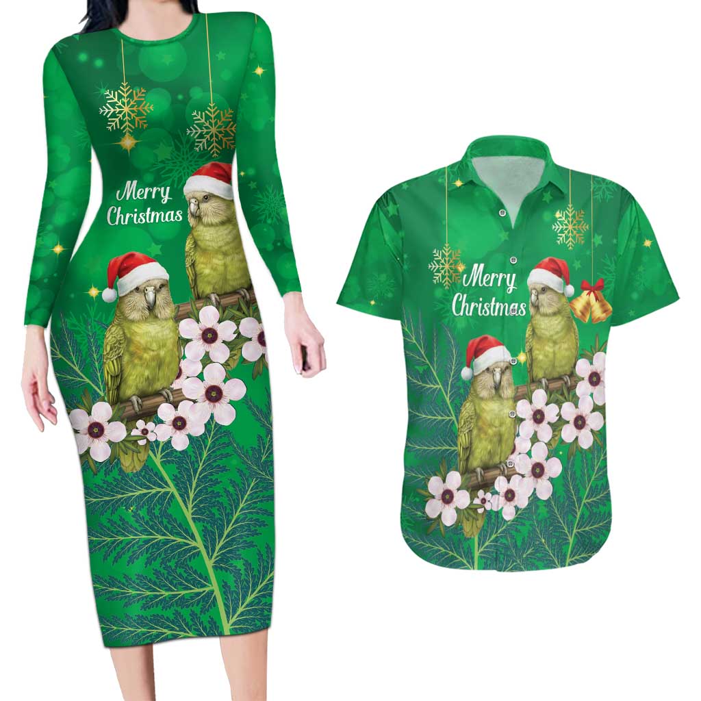 New Zealand Kakapo Christmas Couples Matching Long Sleeve Bodycon Dress and Hawaiian Shirt Owl Parrot Santa Sliver Fern Manuka - Green - Aussie Hoodie