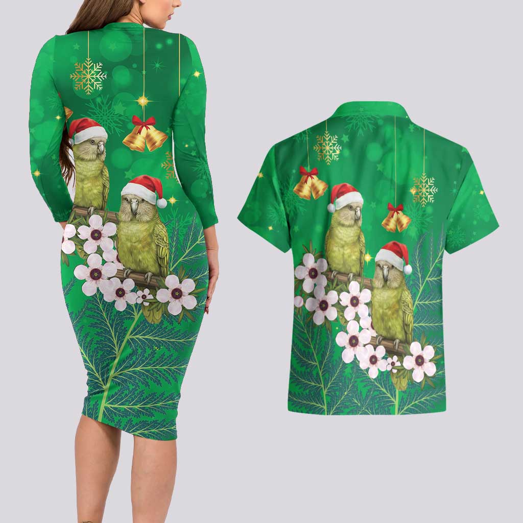 New Zealand Kakapo Christmas Couples Matching Long Sleeve Bodycon Dress and Hawaiian Shirt Owl Parrot Santa Sliver Fern Manuka - Green - Aussie Hoodie