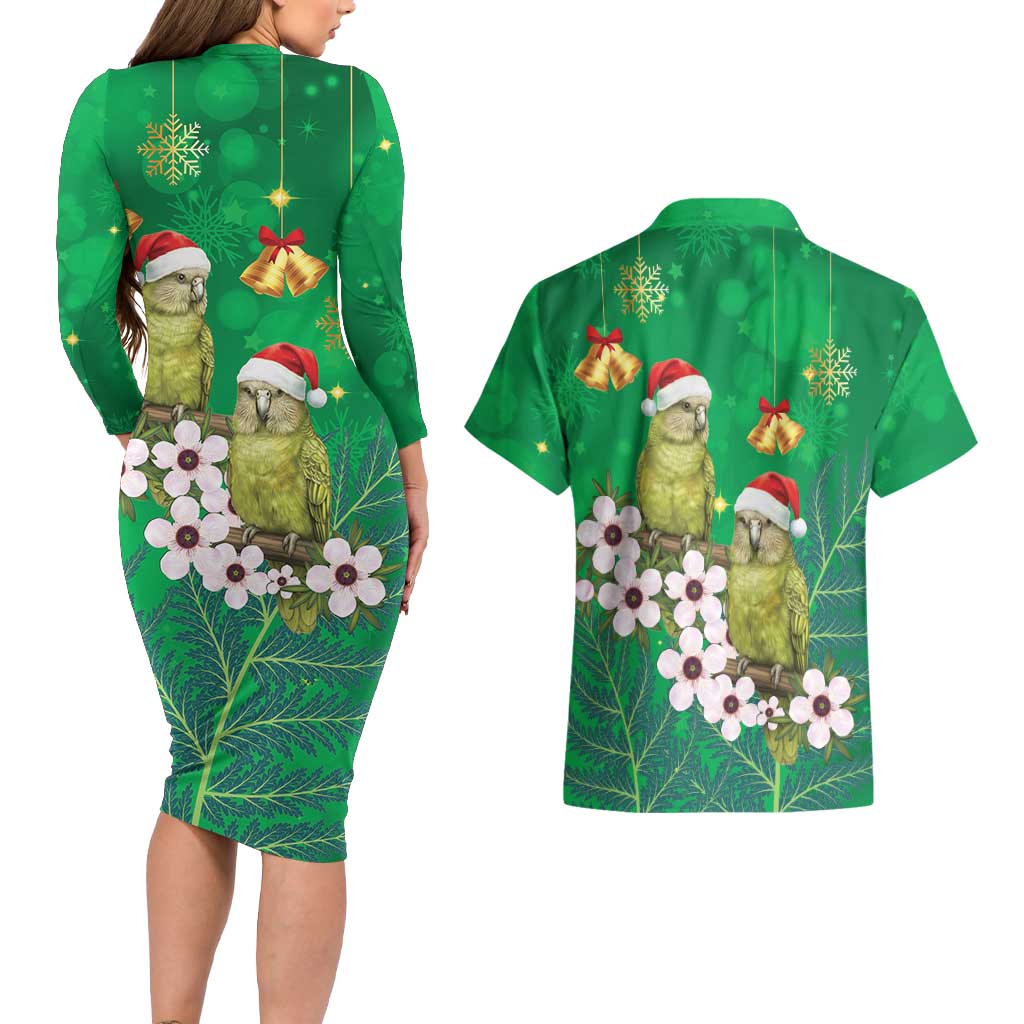 New Zealand Kakapo Christmas Couples Matching Long Sleeve Bodycon Dress and Hawaiian Shirt Owl Parrot Santa Sliver Fern Manuka - Green - Aussie Hoodie