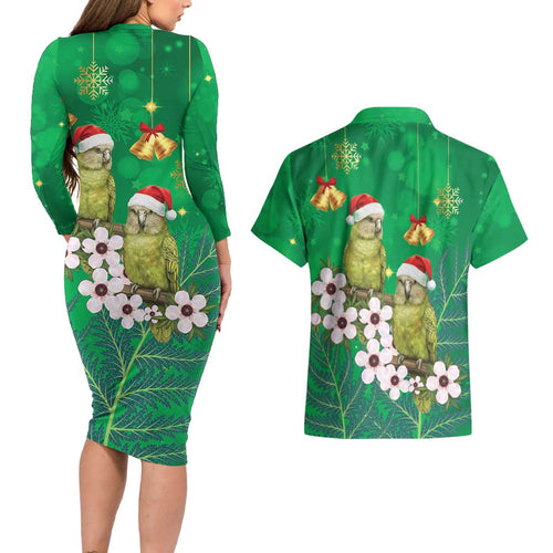 New Zealand Kakapo Christmas Couples Matching Long Sleeve Bodycon Dress and Hawaiian Shirt Owl Parrot Santa Sliver Fern Manuka - Green - Aussie Hoodie