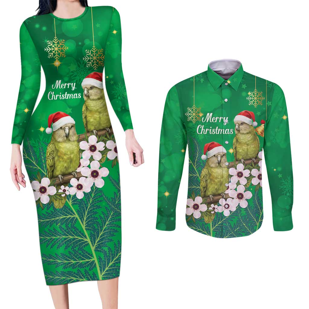New Zealand Kakapo Christmas Couples Matching Long Sleeve Bodycon Dress and Long Sleeve Button Shirt Owl Parrot Santa Sliver Fern Manuka - Green - Aussie Hoodie