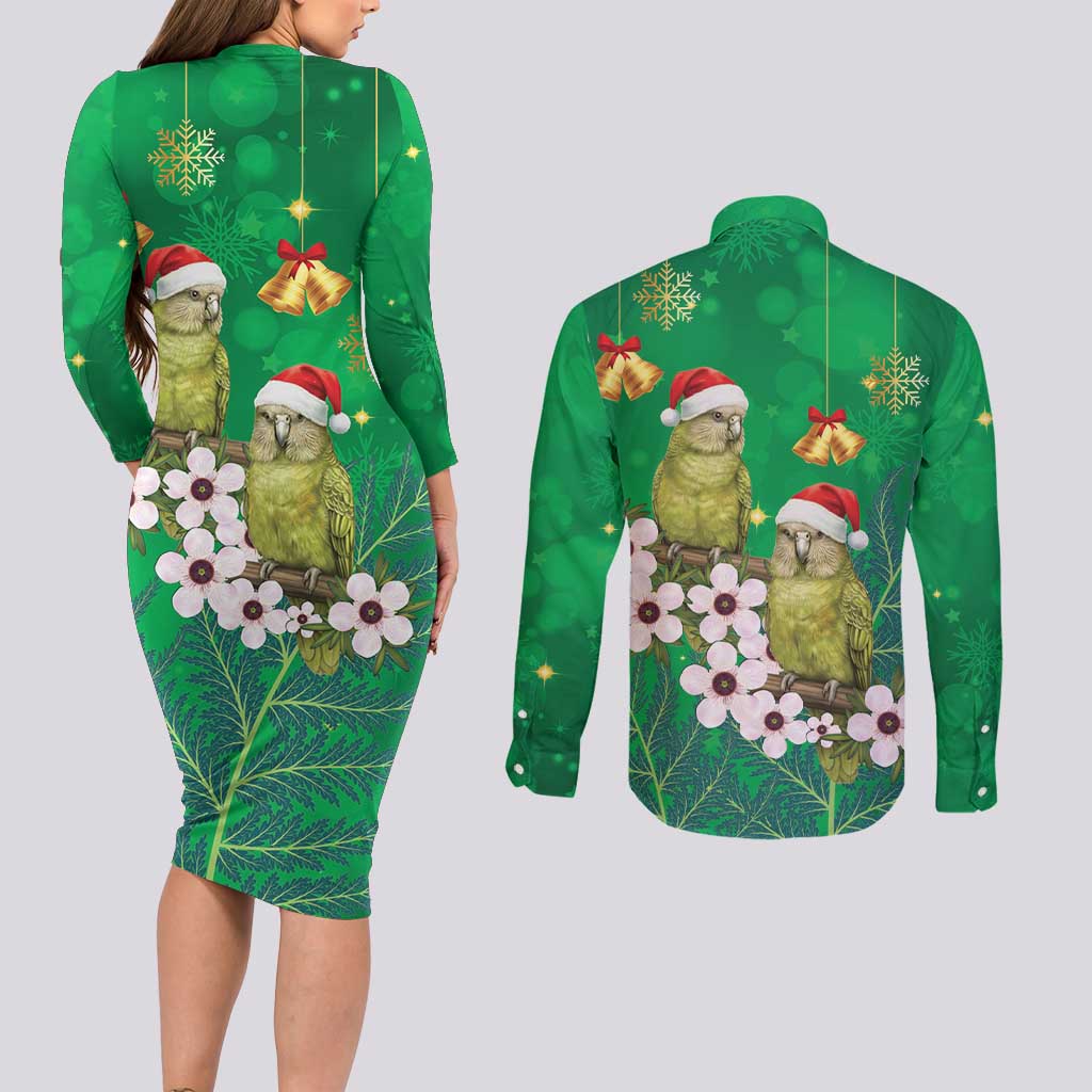 New Zealand Kakapo Christmas Couples Matching Long Sleeve Bodycon Dress and Long Sleeve Button Shirt Owl Parrot Santa Sliver Fern Manuka - Green - Aussie Hoodie