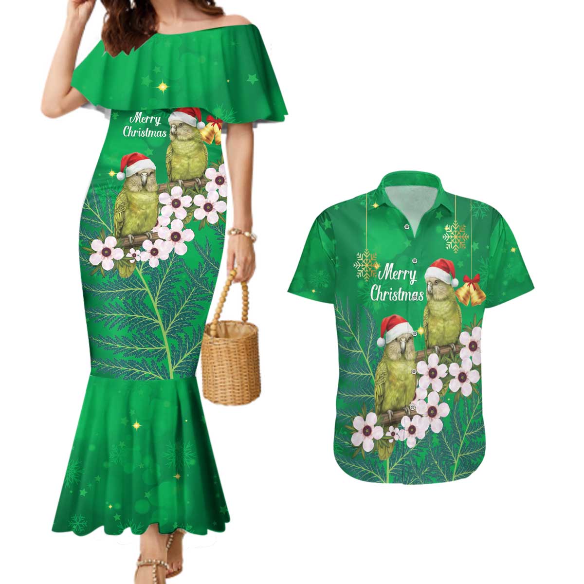 New Zealand Kakapo Christmas Couples Matching Mermaid Dress and Hawaiian Shirt Owl Parrot Santa Sliver Fern Manuka - Green - Aussie Hoodie