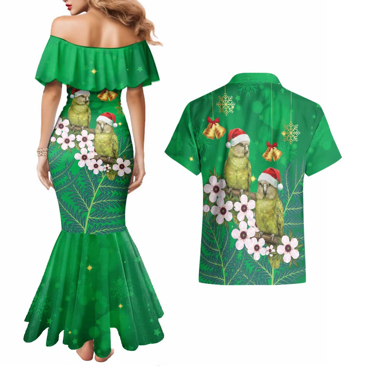 New Zealand Kakapo Christmas Couples Matching Mermaid Dress and Hawaiian Shirt Owl Parrot Santa Sliver Fern Manuka - Green - Aussie Hoodie