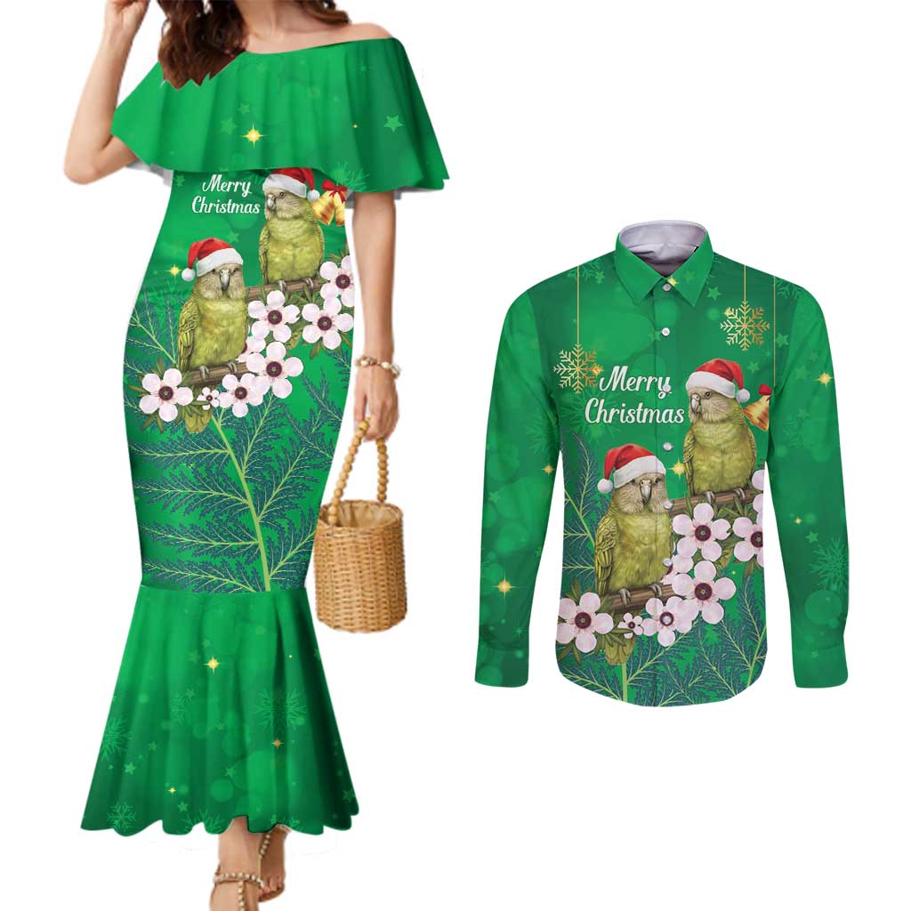 New Zealand Kakapo Christmas Couples Matching Mermaid Dress and Long Sleeve Button Shirt Owl Parrot Santa Sliver Fern Manuka - Green - Aussie Hoodie