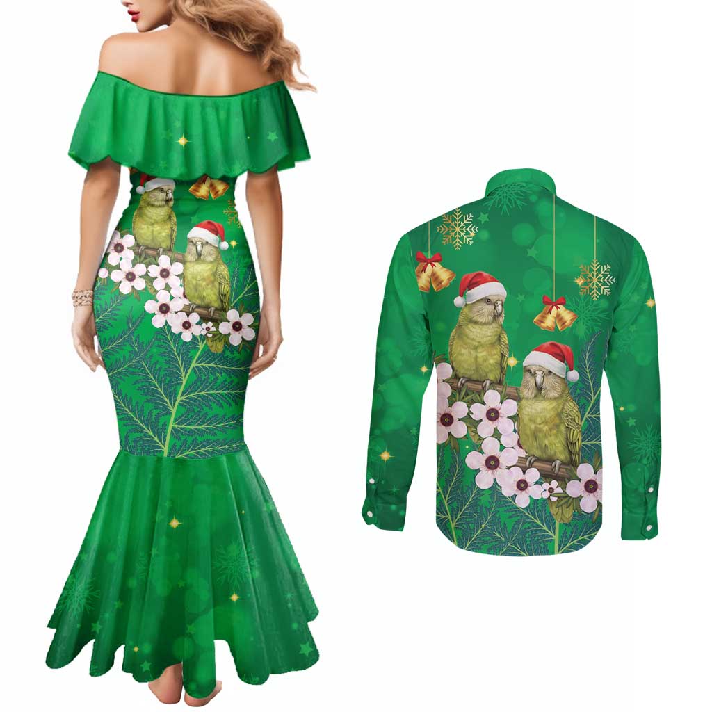 New Zealand Kakapo Christmas Couples Matching Mermaid Dress and Long Sleeve Button Shirt Owl Parrot Santa Sliver Fern Manuka - Green - Aussie Hoodie