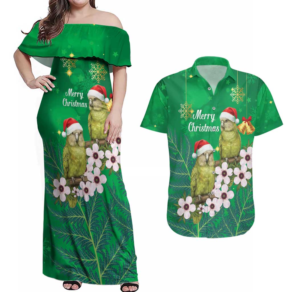 New Zealand Kakapo Christmas Couples Matching Off Shoulder Maxi Dress and Hawaiian Shirt Owl Parrot Santa Sliver Fern Manuka - Green - Aussie Hoodie