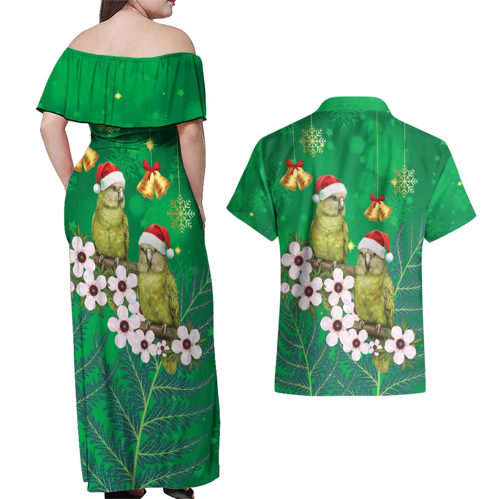 New Zealand Kakapo Christmas Couples Matching Off Shoulder Maxi Dress and Hawaiian Shirt Owl Parrot Santa Sliver Fern Manuka - Green - Aussie Hoodie