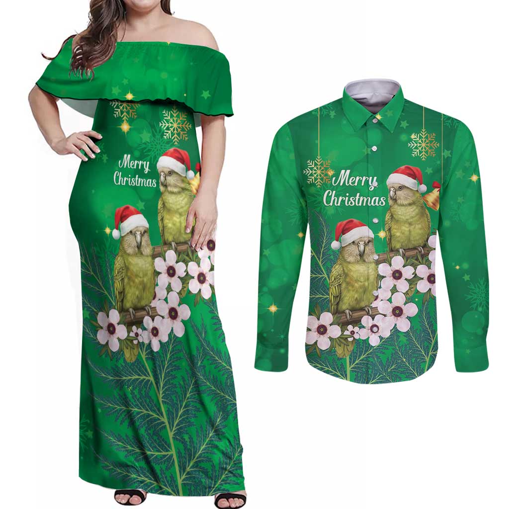 New Zealand Kakapo Christmas Couples Matching Off Shoulder Maxi Dress and Long Sleeve Button Shirt Owl Parrot Santa Sliver Fern Manuka - Green - Aussie Hoodie