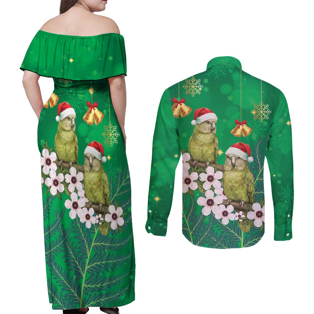 New Zealand Kakapo Christmas Couples Matching Off Shoulder Maxi Dress and Long Sleeve Button Shirt Owl Parrot Santa Sliver Fern Manuka - Green - Aussie Hoodie