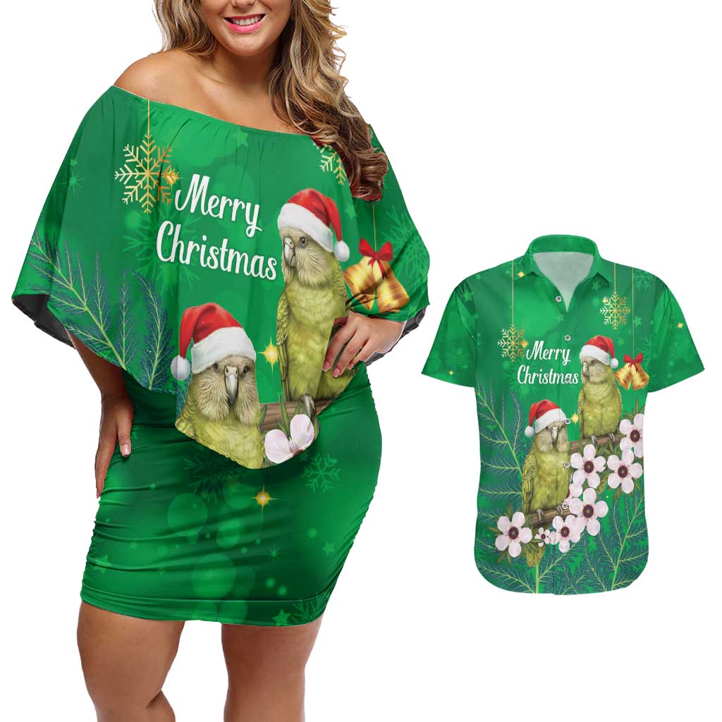 New Zealand Kakapo Christmas Couples Matching Off Shoulder Short Dress and Hawaiian Shirt Owl Parrot Santa Sliver Fern Manuka - Green - Aussie Hoodie