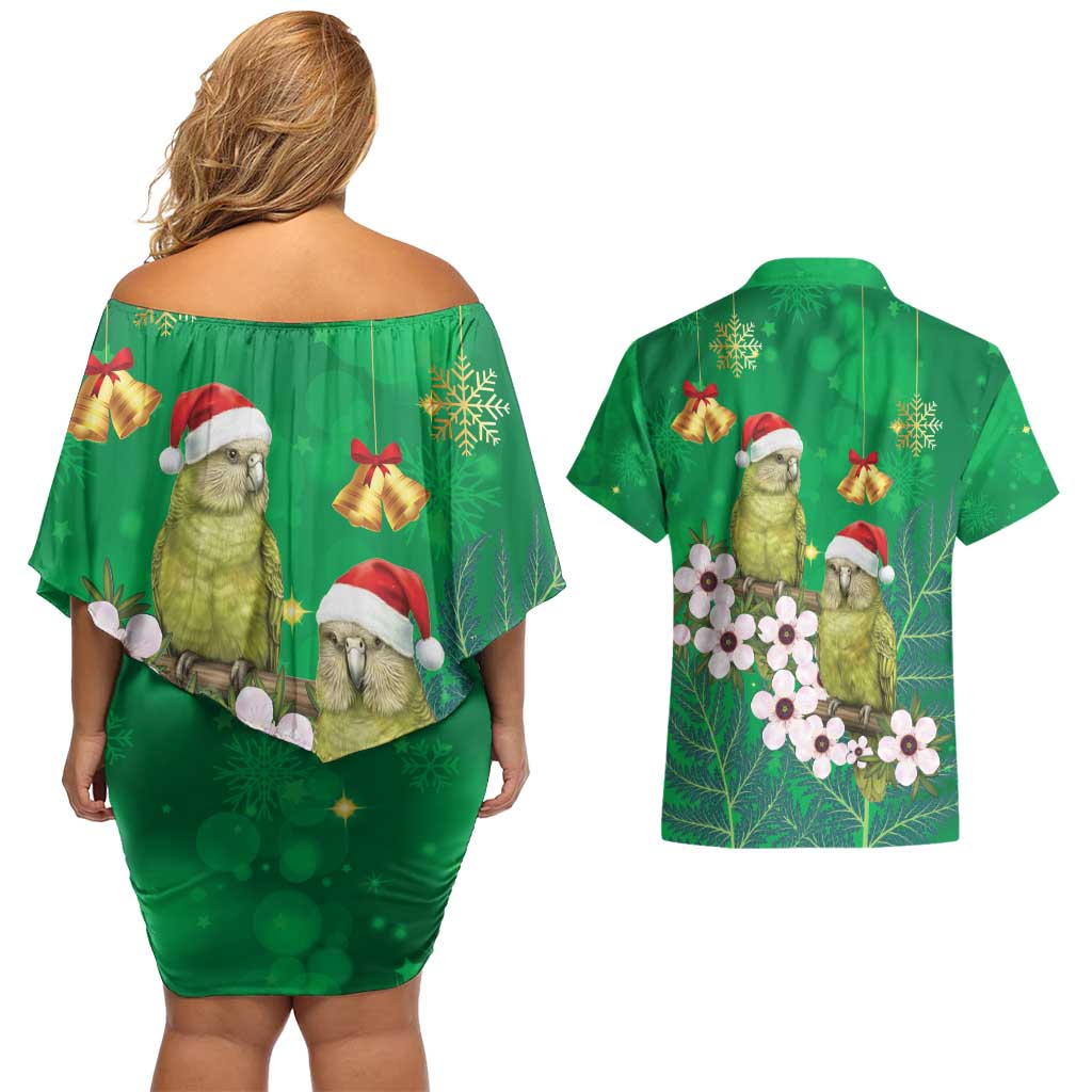 New Zealand Kakapo Christmas Couples Matching Off Shoulder Short Dress and Hawaiian Shirt Owl Parrot Santa Sliver Fern Manuka - Green - Aussie Hoodie