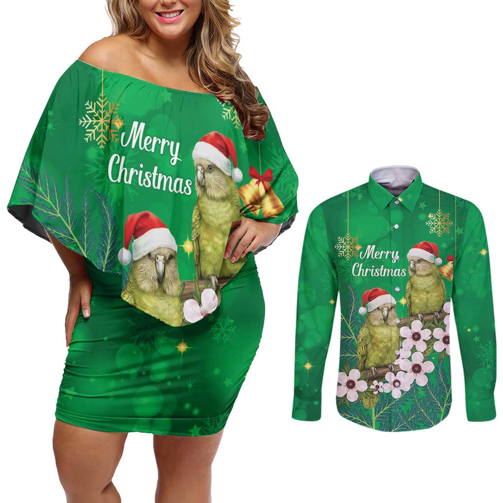 New Zealand Kakapo Christmas Couples Matching Off Shoulder Short Dress and Long Sleeve Button Shirt Owl Parrot Santa Sliver Fern Manuka - Green - Aussie Hoodie