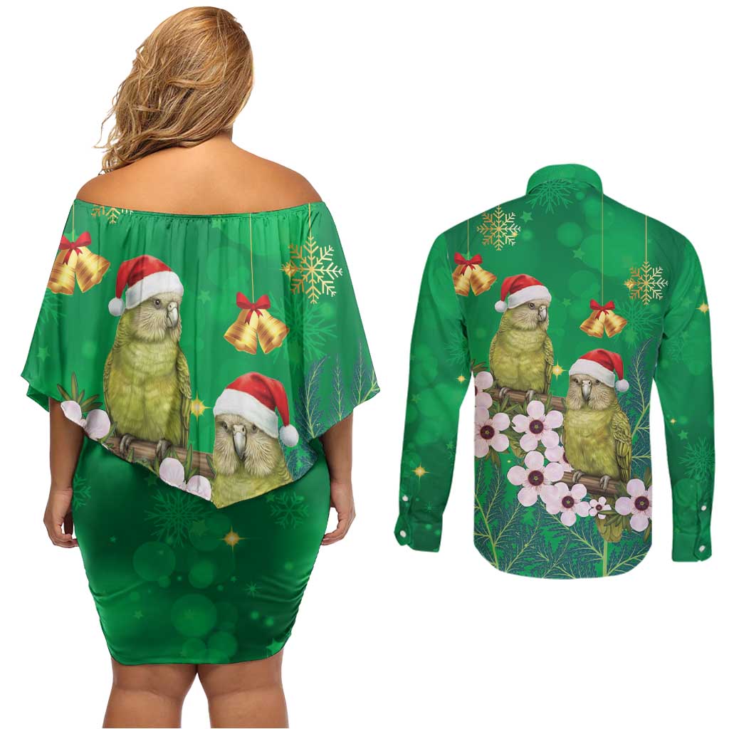 New Zealand Kakapo Christmas Couples Matching Off Shoulder Short Dress and Long Sleeve Button Shirt Owl Parrot Santa Sliver Fern Manuka - Green - Aussie Hoodie