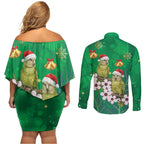 New Zealand Kakapo Christmas Couples Matching Off Shoulder Short Dress and Long Sleeve Button Shirt Owl Parrot Santa Sliver Fern Manuka - Green - Aussie Hoodie