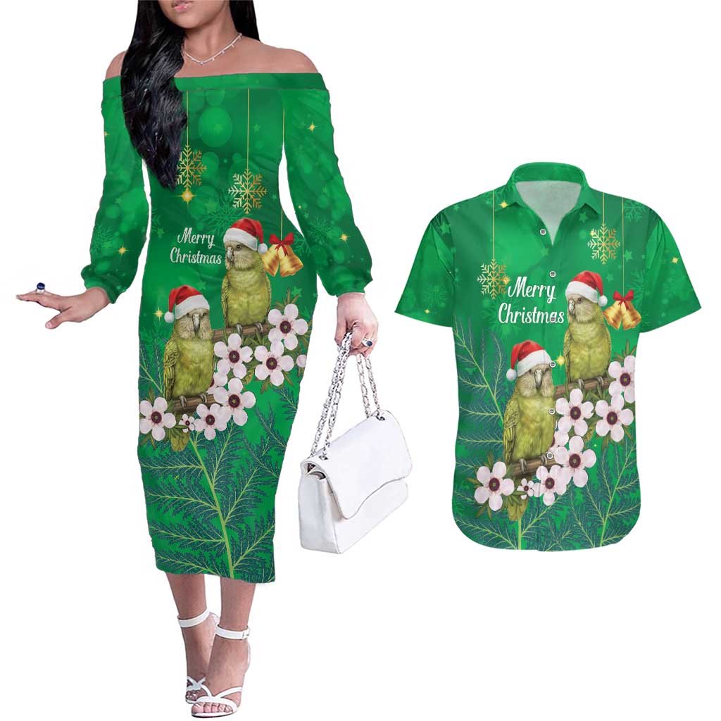 New Zealand Kakapo Christmas Couples Matching Off The Shoulder Long Sleeve Dress and Hawaiian Shirt Owl Parrot Santa Sliver Fern Manuka - Green - Aussie Hoodie