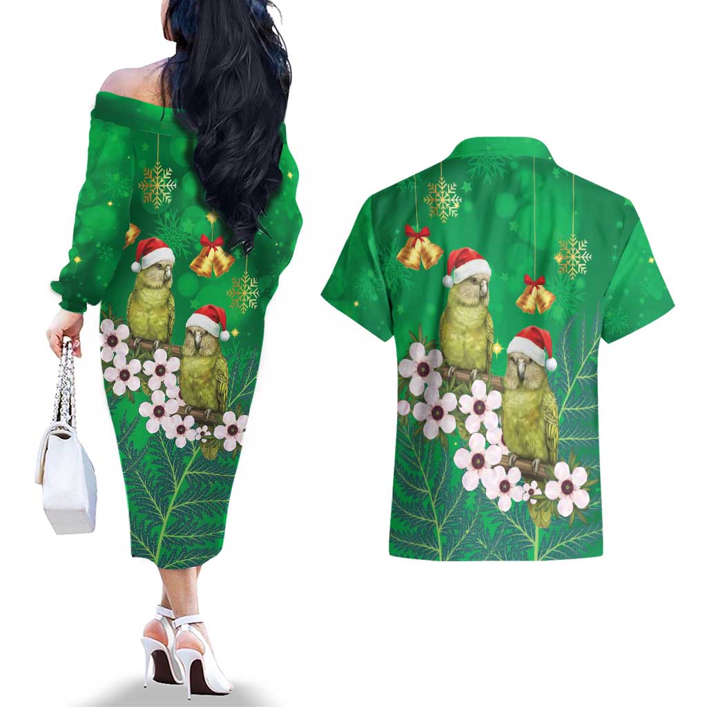New Zealand Kakapo Christmas Couples Matching Off The Shoulder Long Sleeve Dress and Hawaiian Shirt Owl Parrot Santa Sliver Fern Manuka - Green - Aussie Hoodie