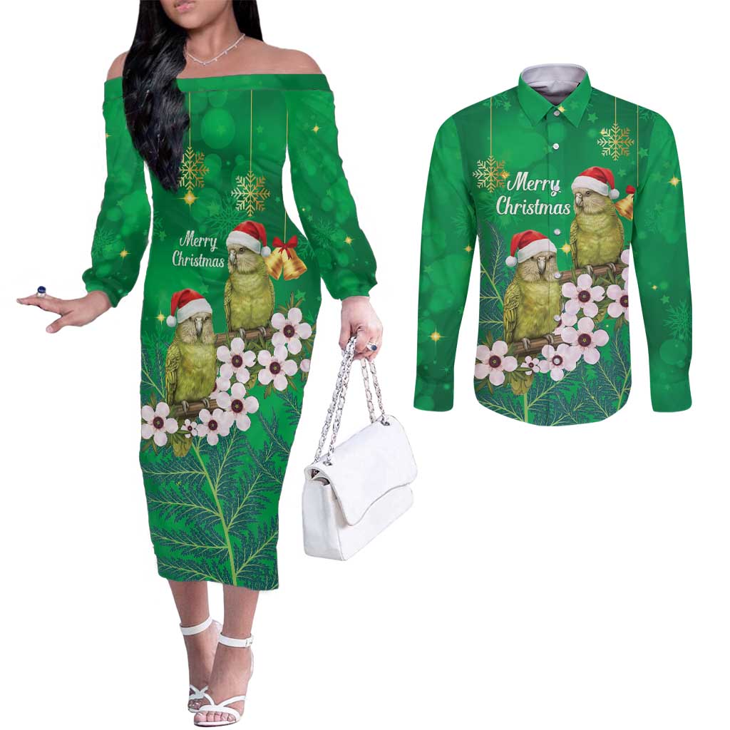 New Zealand Kakapo Christmas Couples Matching Off The Shoulder Long Sleeve Dress and Long Sleeve Button Shirt Owl Parrot Santa Sliver Fern Manuka - Green - Aussie Hoodie